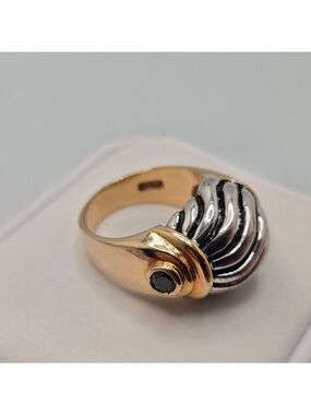 Dome Ring 18K GP Silver & Gold Tone Cabochon Size 8 Vintage Estate Statement